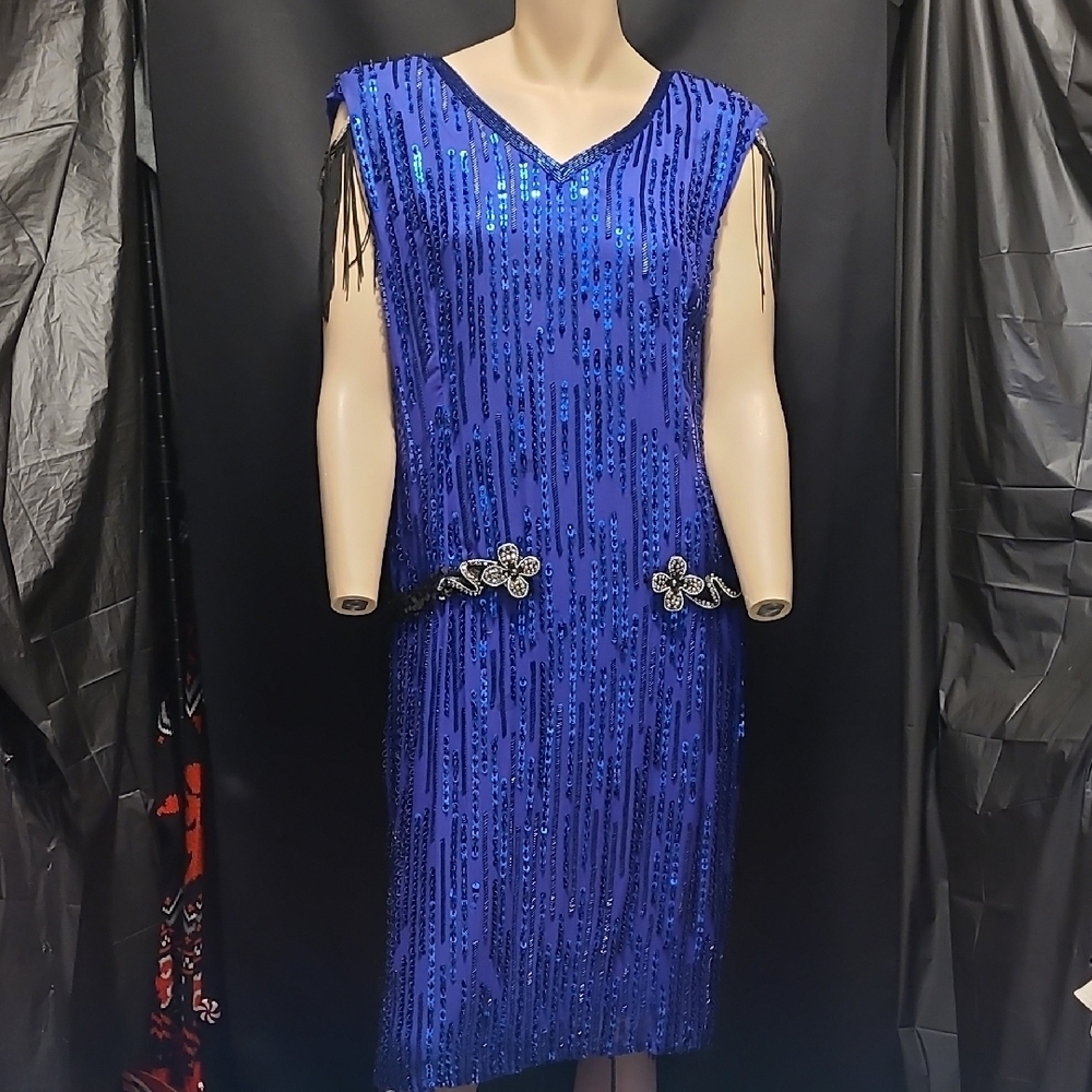 Elegant Blue ROARING 20'S FLAPPER HAND BEADED & 100% SILK Dress